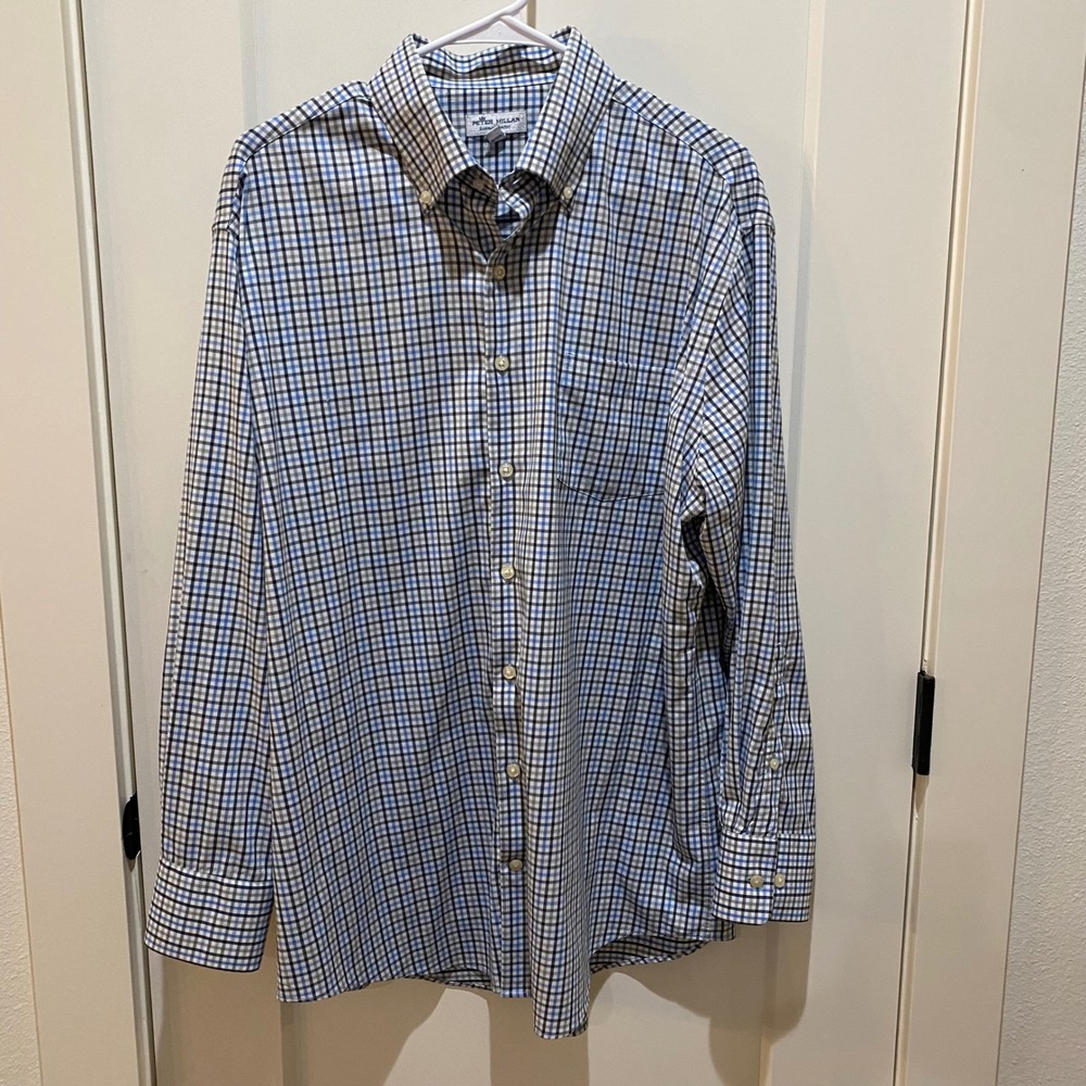 Peter Millar Summer Comfort Mens Large Blue Grey Plaid Check Button Down Shirt